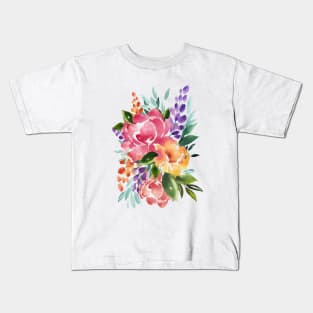 Watercolor Flowers, Pink and Yellow Rose Bouquet Illustration Kids T-Shirt